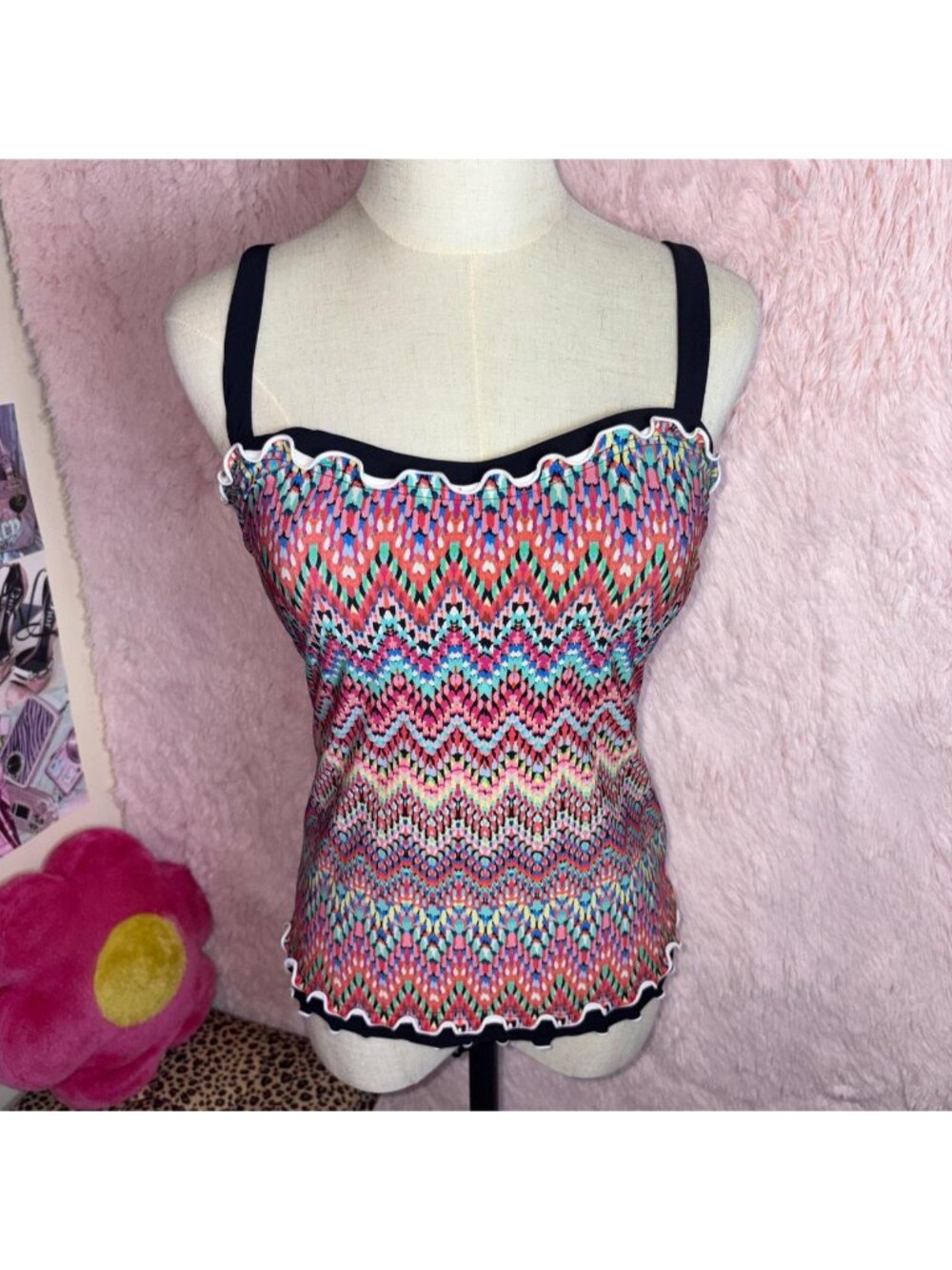 Colorful tankini with lettuce hem detail
